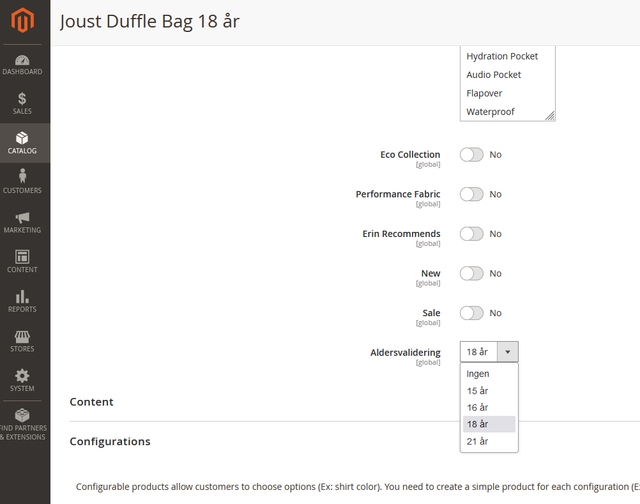 Magento alderskontrol product settings