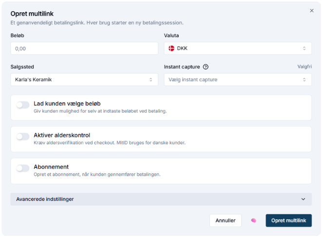 Opret multilink med fast eller valgfrit beløb